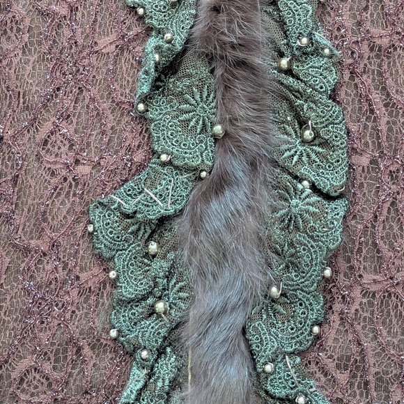 Women's Brown V-Neck Sweater with Beading Faux-Fur & Lace Detailing - Picture 7 of 16